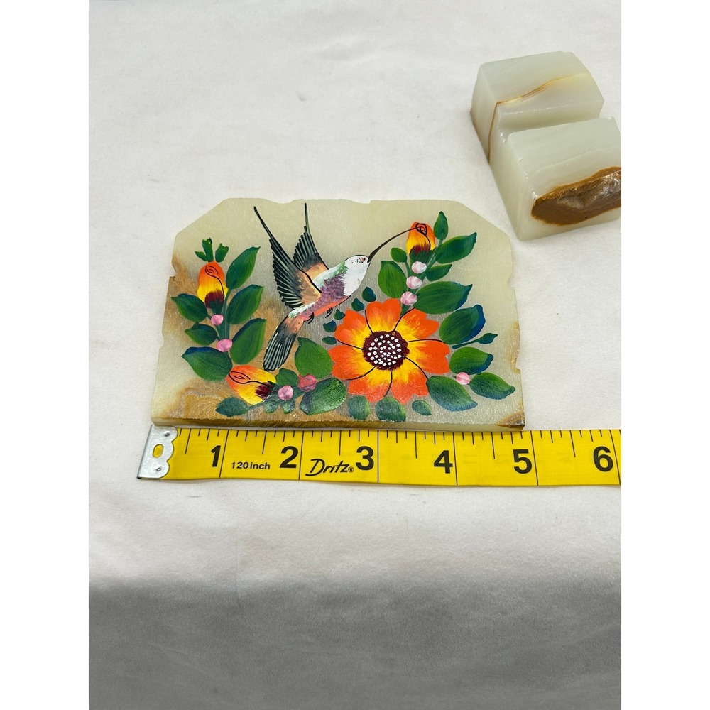 Vintage Mexican Onyx Hand Painted Hummingbird Floral Stone Art Slab with Base - Picture 2 of 8
